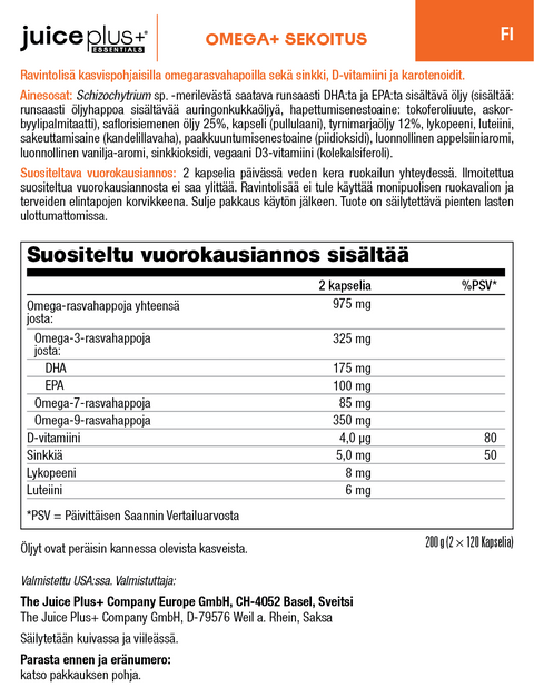 Hedelmä-, vihannes-, marja- & Omega+ -sekoituskapselit